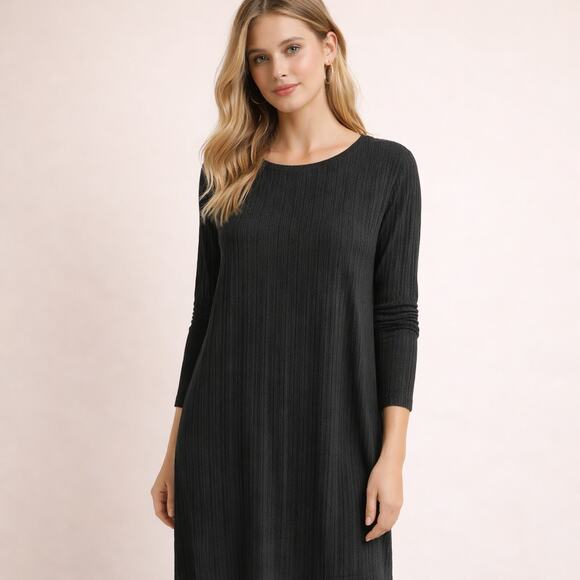Eileen Fisher Dresses & Skirts - Eileen Fisher Long Sleeve Dress Womens S Black Textured Ribbed Midi Work Career